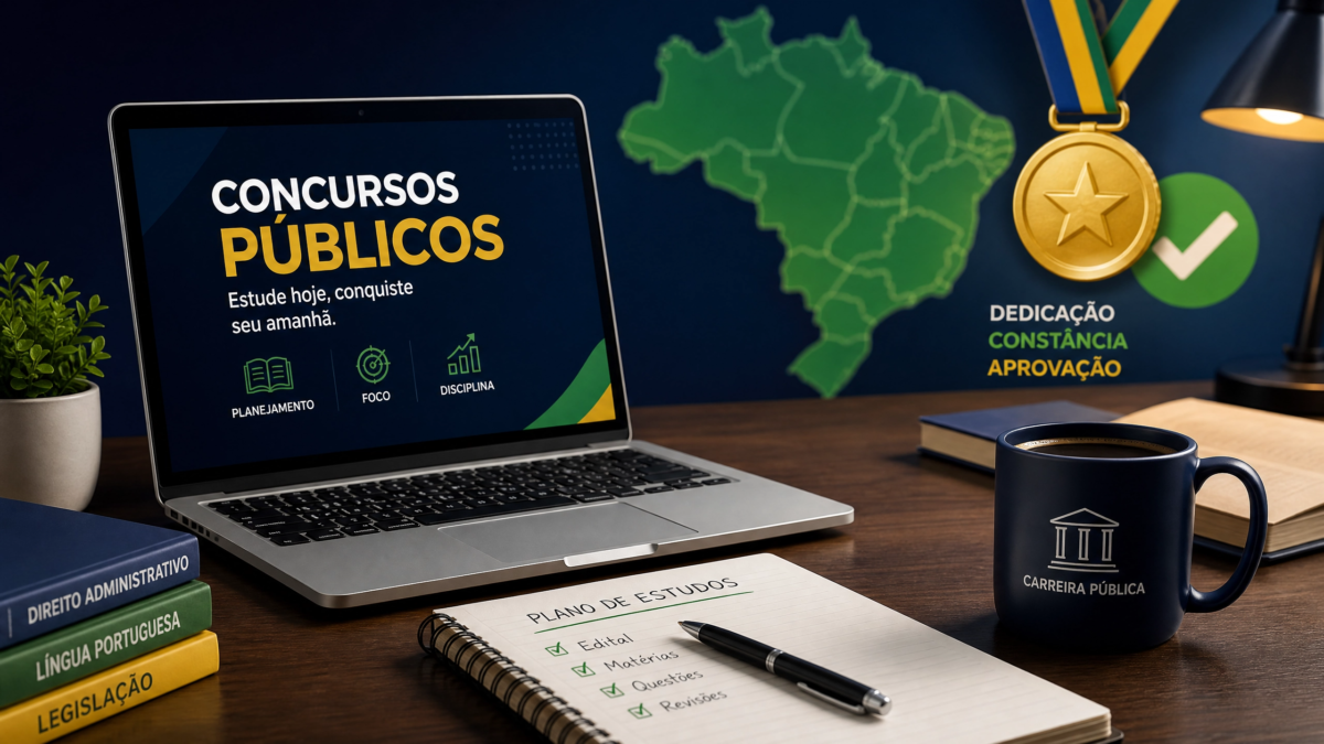 Mesa de estudo organizada com notebook, caderno e ícones de sucesso, ilustrando a preparação para concursos públicos 2026 e 2027.